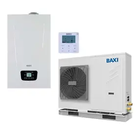 Sistema ibrido con caldaia da 28 kw in integrazione alla pompa di calore Baxi Auriga 9 kw monoblocco inverter monofase R32