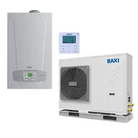 Sistema ibrido con caldaia da 35 kw in integrazione alla pompa di calore Baxi Auriga 16 kw monoblocco inverter monofase R32