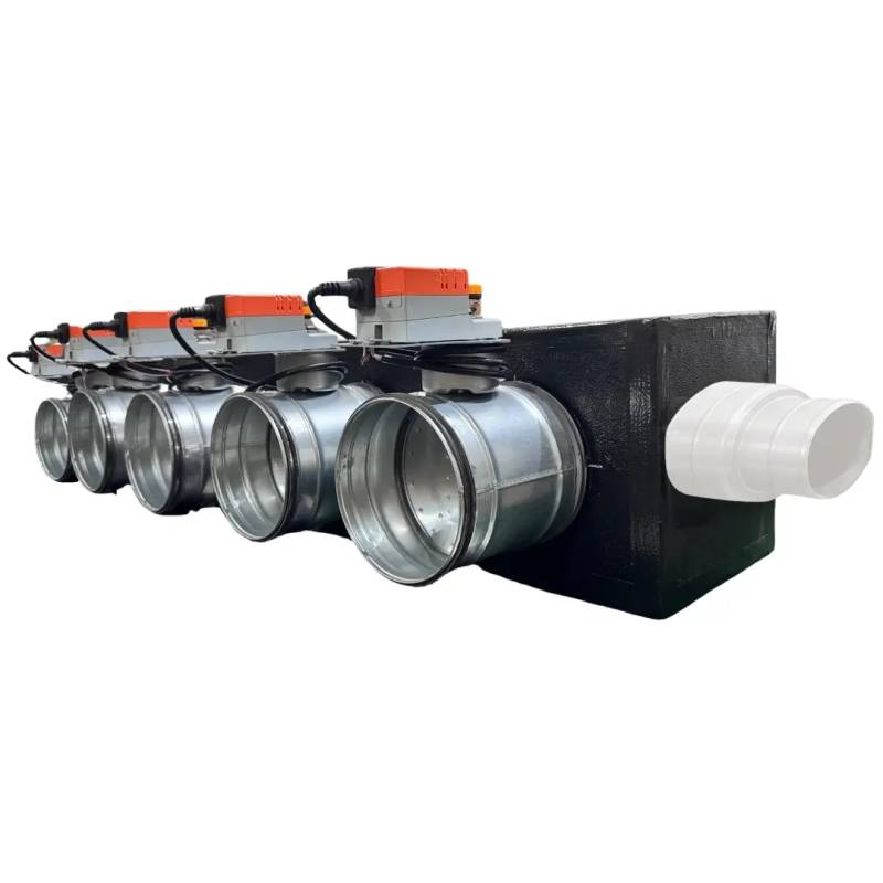 Plenum in poliuretano espanso a 5 zone con serrande motorizzate Lindab da 160 o 200 mm con attacco laterale VMC