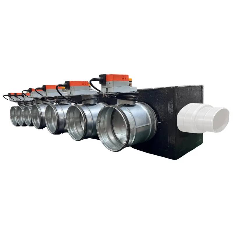 Plenum in poliuretano espanso a 7 zone con serrande motorizzate Lindab da 160 o 200 mm con attacco laterale VMC