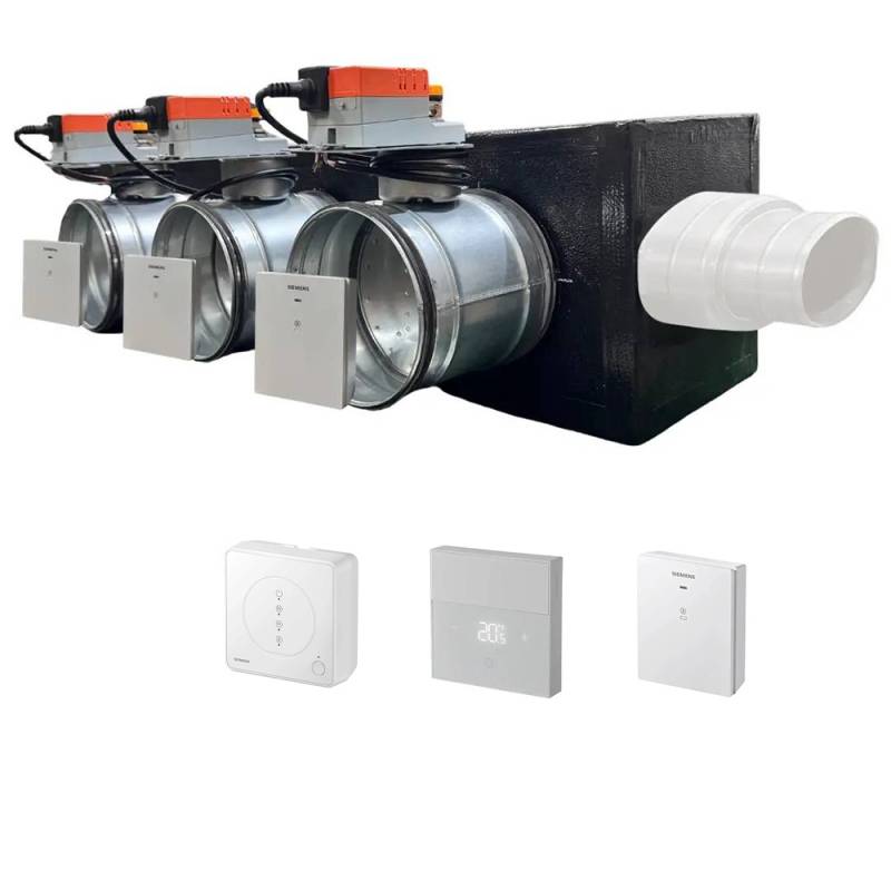 Plenum canalizzato con serrande motorizzate wifi a 3 zone, centralina e interfaccia Siemens con attacco laterale VMC