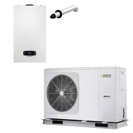 Sistema Ibrido Beretta con caldaia a condensazione Mynute Evo X 30 c da 30 kW e pompa di calore Hydro Unit M da 12 kW A+++ R32